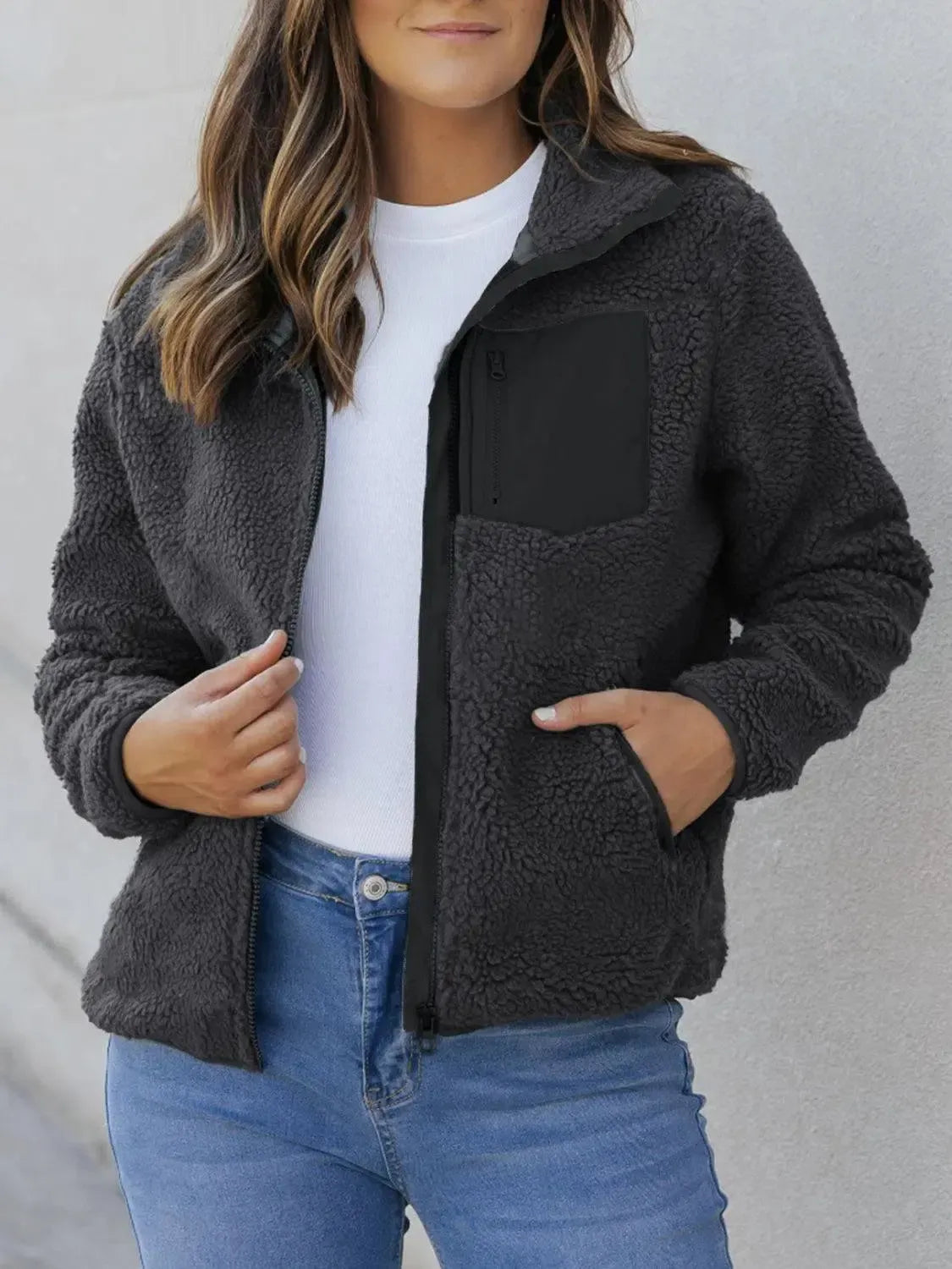Ultimate Comfort: Zip Up Long Sleeve Plush Jacket-Apparel & Accessories-Evelyns Fashion