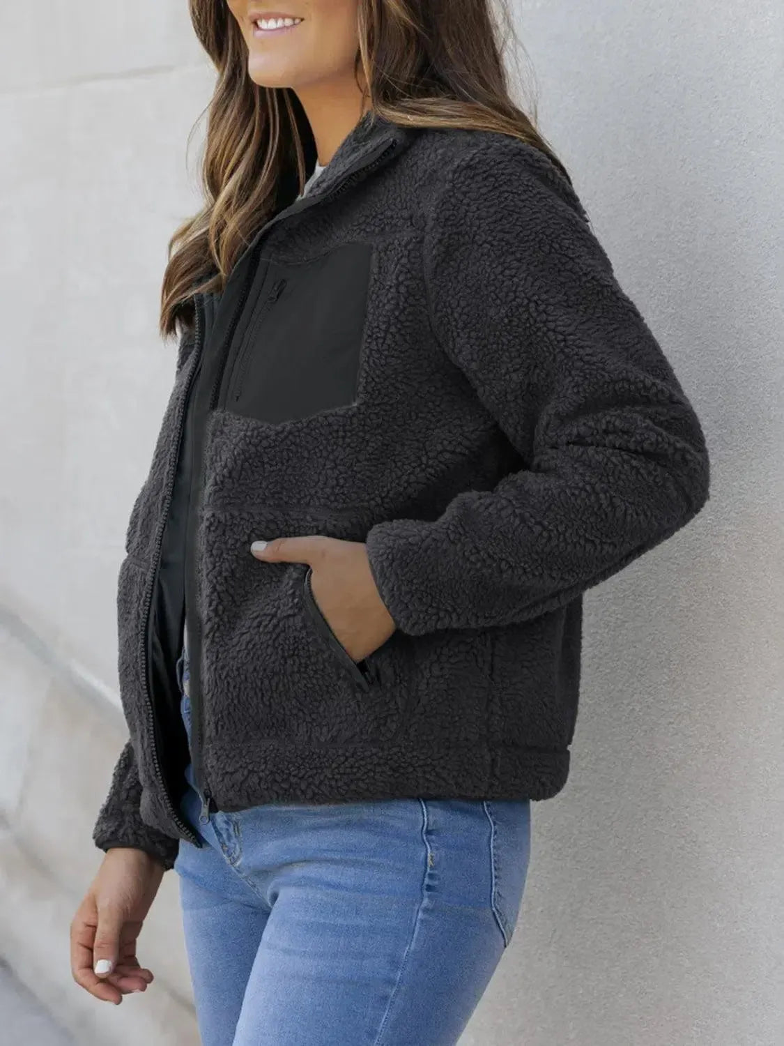 Ultimate Comfort: Zip Up Long Sleeve Plush Jacket-Apparel & Accessories-Evelyns Fashion