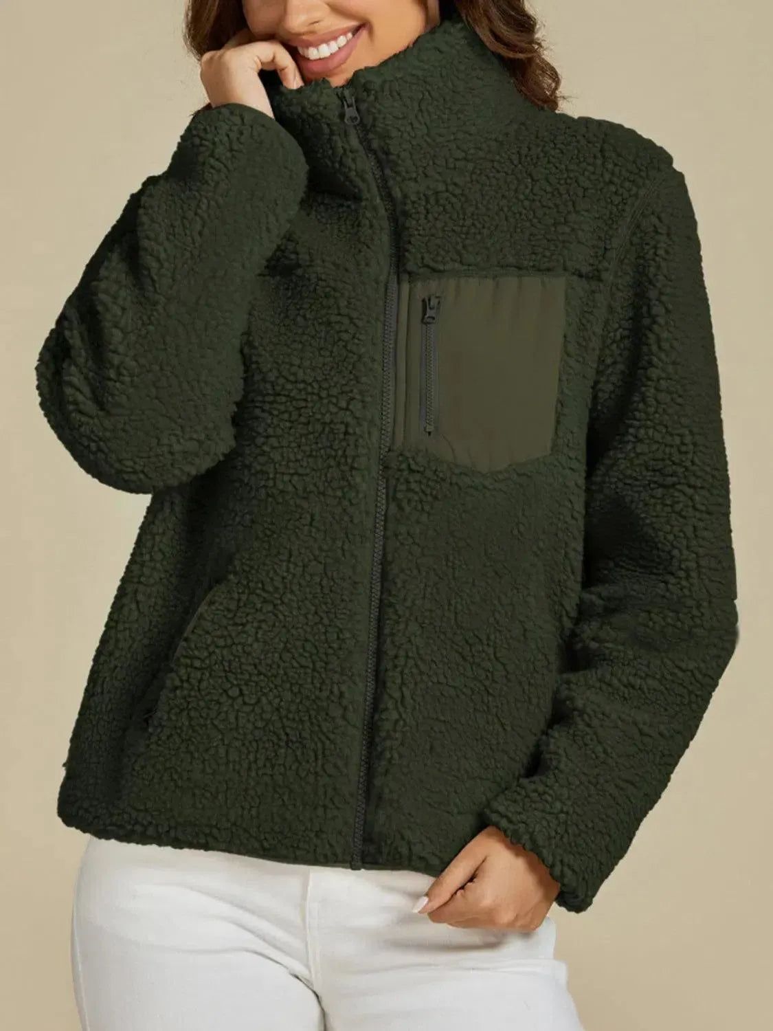Ultimate Comfort: Zip Up Long Sleeve Plush Jacket-Apparel & Accessories-Evelyns Fashion