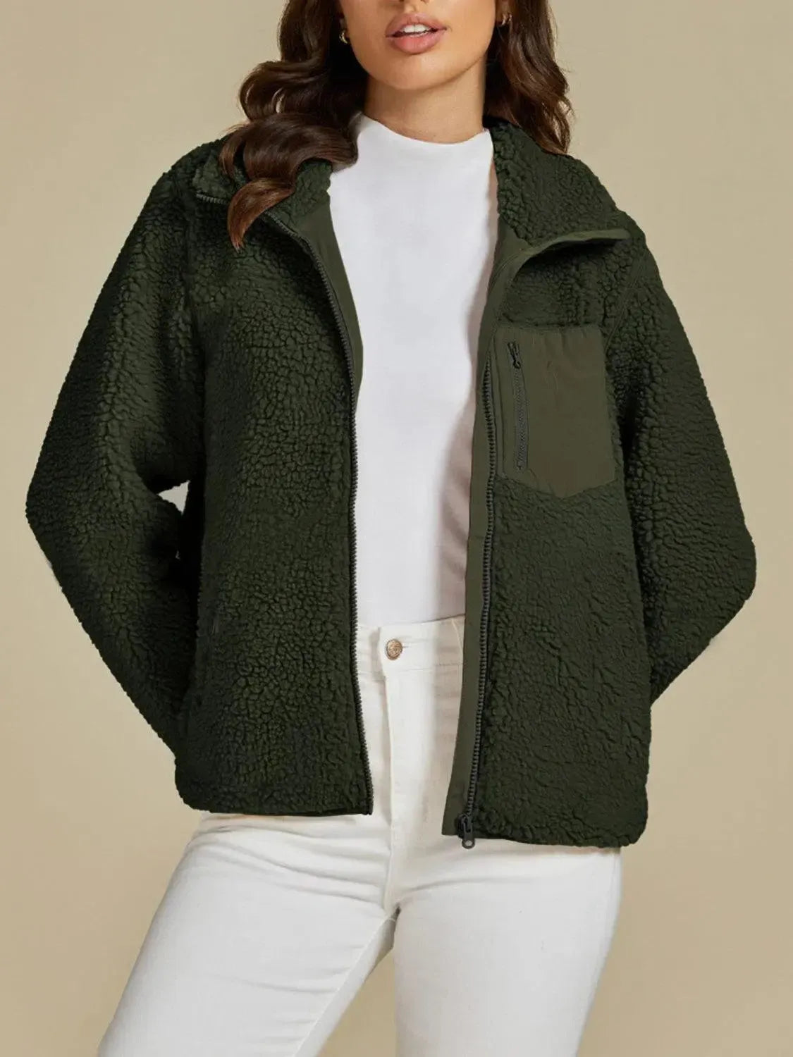 Ultimate Comfort: Zip Up Long Sleeve Plush Jacket-Apparel & Accessories-Evelyns Fashion