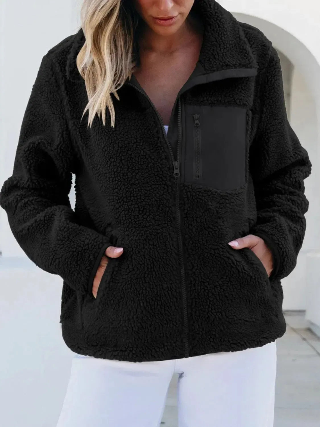 Ultimate Comfort: Zip Up Long Sleeve Plush Jacket-Apparel & Accessories-Evelyns Fashion