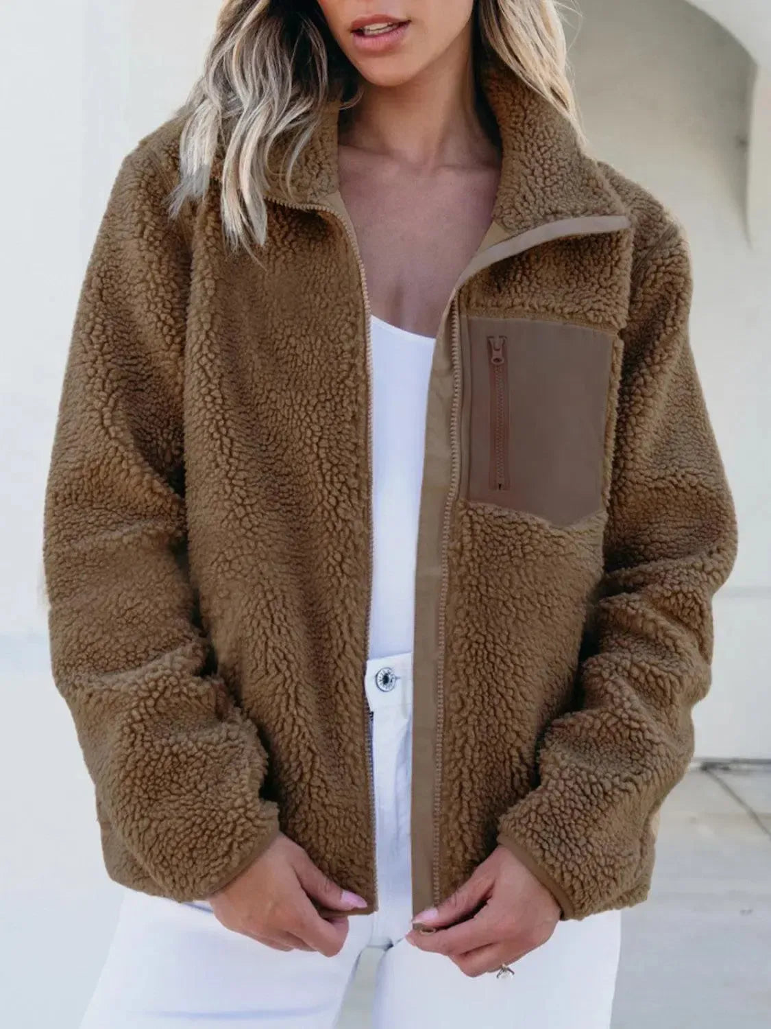 Ultimate Comfort: Zip Up Long Sleeve Plush Jacket-Apparel & Accessories-Evelyns Fashion