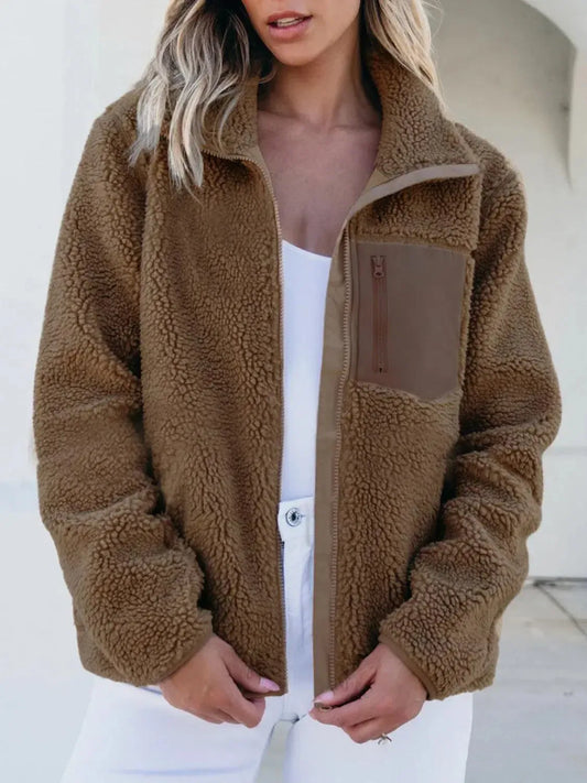 Ultimate Comfort: Zip Up Long Sleeve Plush Jacket-Apparel & Accessories-Evelyns Fashion