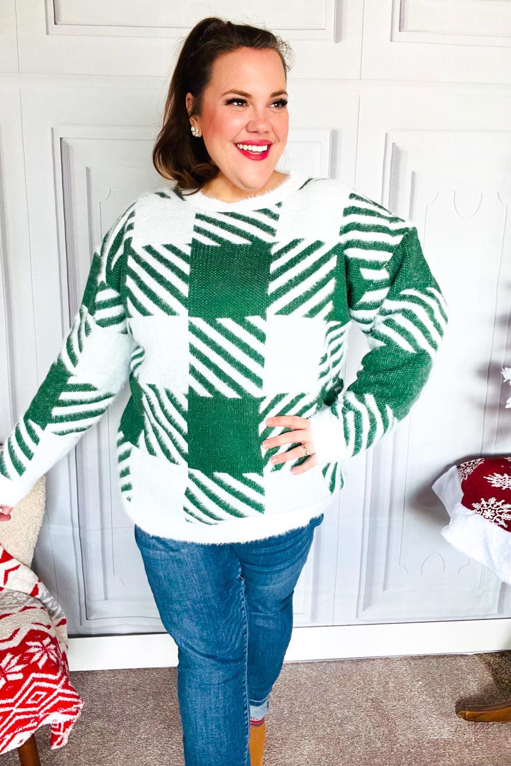 Under The Christmas Tree Green Plaid Soft Brushed Hairy Sweater-2024 Blow-Out Sale-Evelyns Fashion