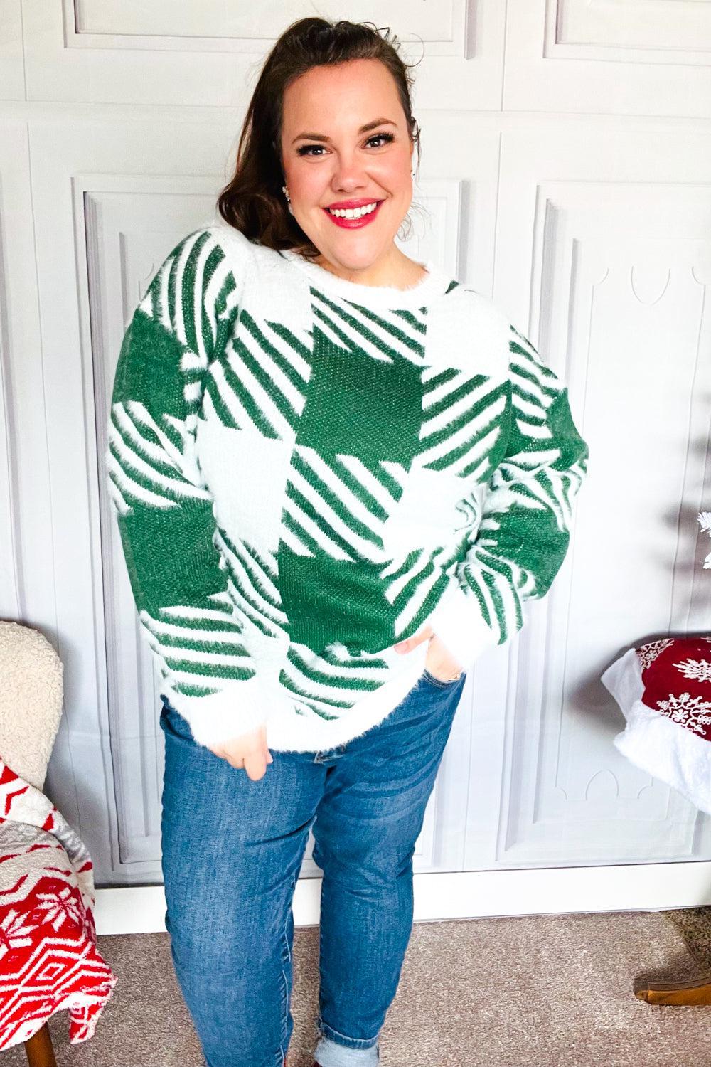 Under The Christmas Tree Green Plaid Soft Brushed Hairy Sweater-2024 Blow-Out Sale-Evelyns Fashion