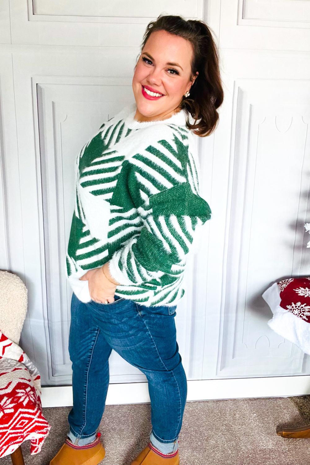 Under The Christmas Tree Green Plaid Soft Brushed Hairy Sweater-2024 Blow-Out Sale-Evelyns Fashion