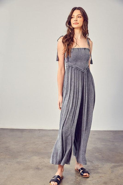 V-Neck Smocked Jumpsuit-Jumpsuits-Evelyns Fashion