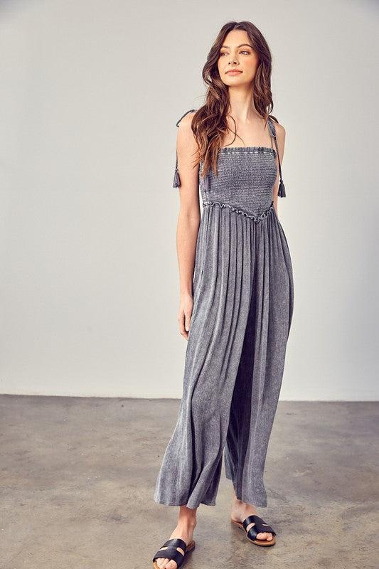 V-Neck Smocked Jumpsuit-Jumpsuits-Evelyns Fashion