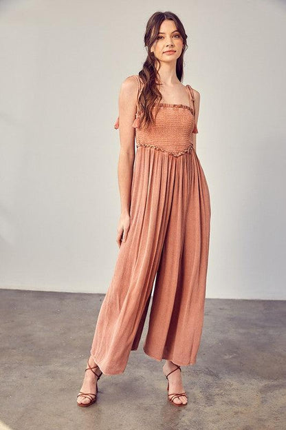 V-Neck Smocked Jumpsuit-Jumpsuits-Evelyns Fashion