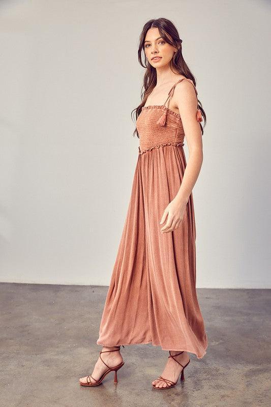 V-Neck Smocked Jumpsuit-Jumpsuits-Evelyns Fashion