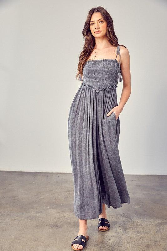 V-Neck Smocked Jumpsuit-Jumpsuits-Evelyns Fashion