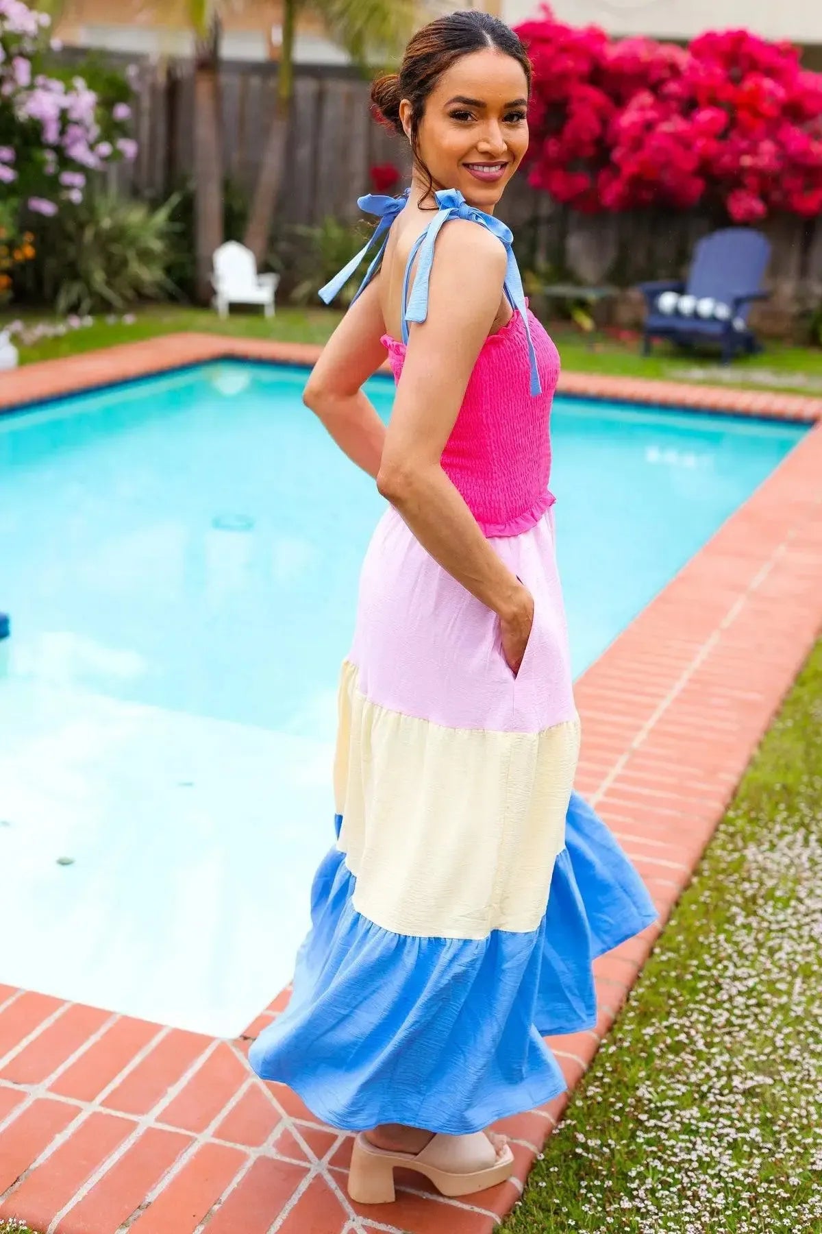 Vacay Vibes Hot Pink & Blue Smocked Color Block Maxi Dress-2024 Blow-Out Sale-Evelyns Fashion