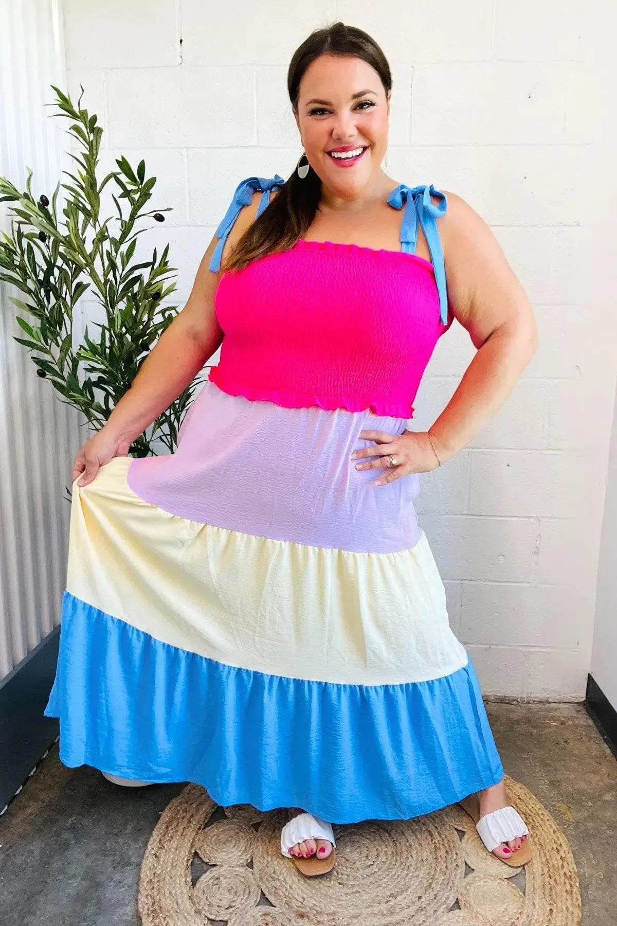 Vacay Vibes Hot Pink & Blue Smocked Color Block Maxi Dress-2024 Blow-Out Sale-Evelyns Fashion