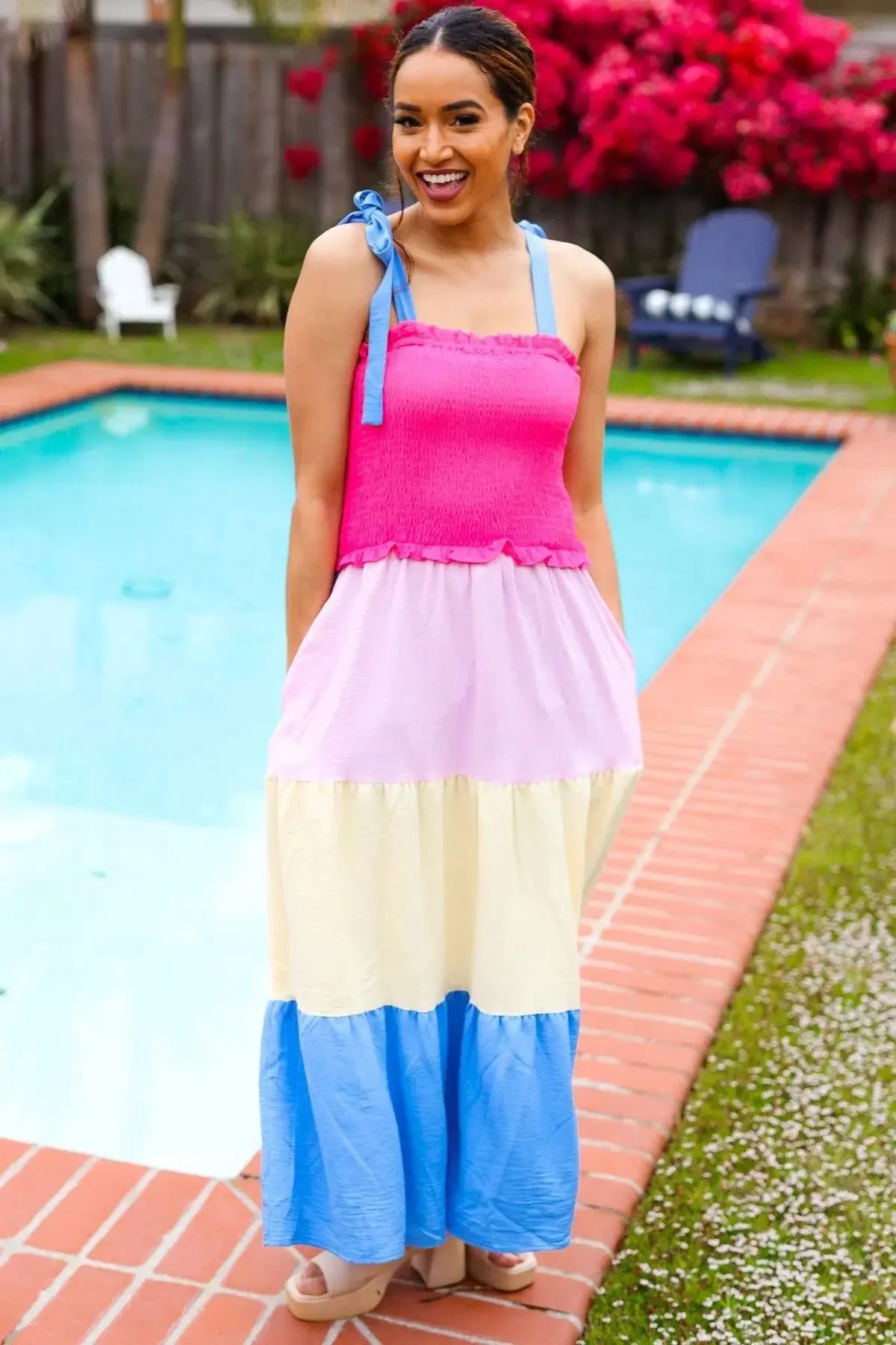 Vacay Vibes Hot Pink & Blue Smocked Color Block Maxi Dress-2024 Blow-Out Sale-Evelyns Fashion