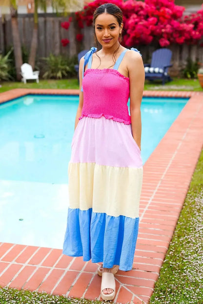 Vacay Vibes Hot Pink & Blue Smocked Color Block Maxi Dress-2024 Blow-Out Sale-Evelyns Fashion