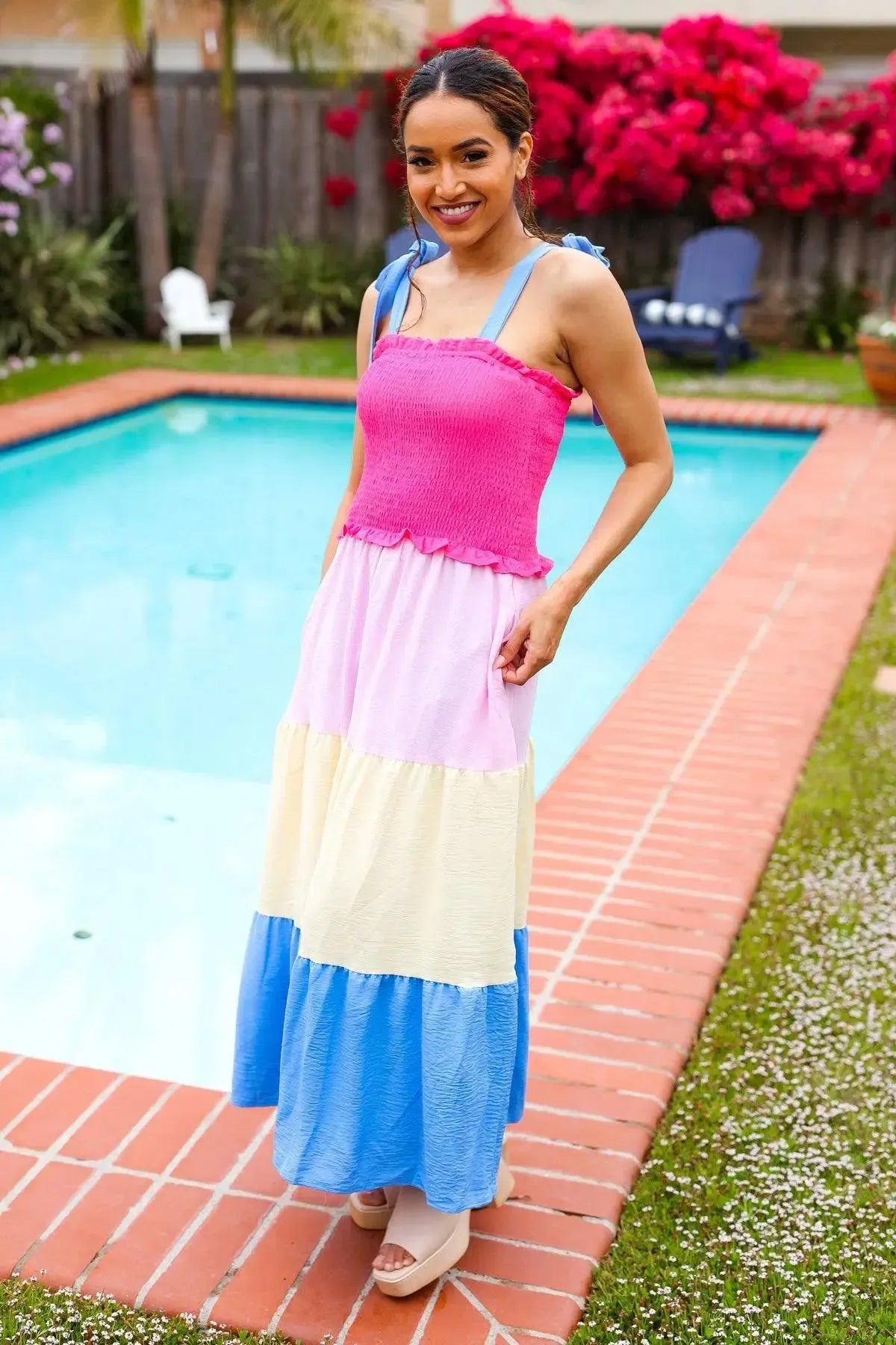 Vacay Vibes Hot Pink & Blue Smocked Color Block Maxi Dress-2024 Blow-Out Sale-Evelyns Fashion