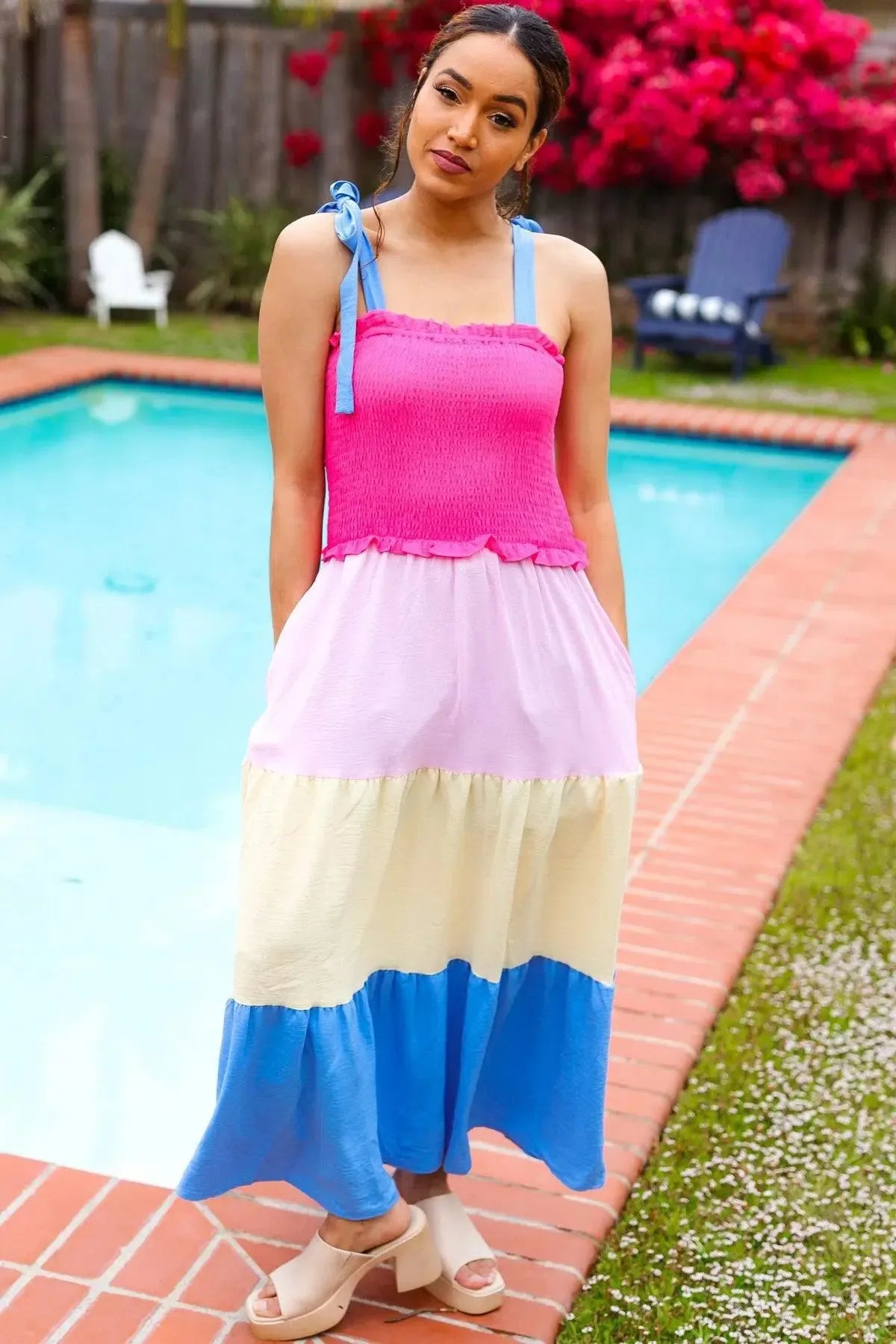 Vacay Vibes Hot Pink & Blue Smocked Color Block Maxi Dress-2024 Blow-Out Sale-Evelyns Fashion