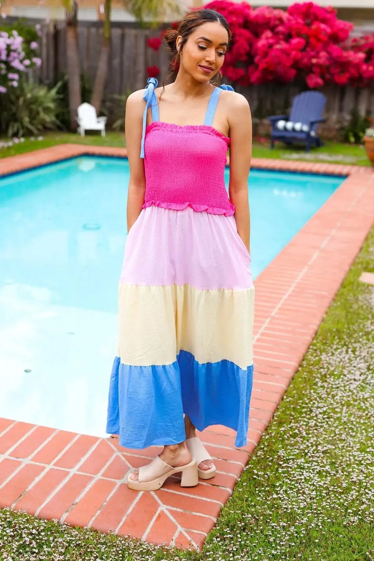 Vacay Vibes Hot Pink & Blue Smocked Color Block Maxi Dress-2024 Blow-Out Sale-Evelyns Fashion