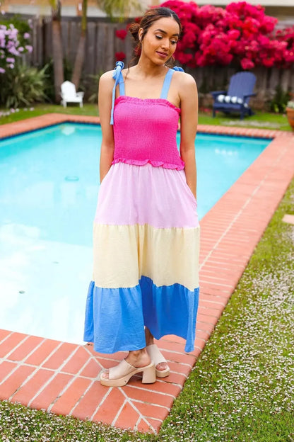 Vacay Vibes Hot Pink & Blue Smocked Color Block Maxi Dress-2024 Blow-Out Sale-Evelyns Fashion