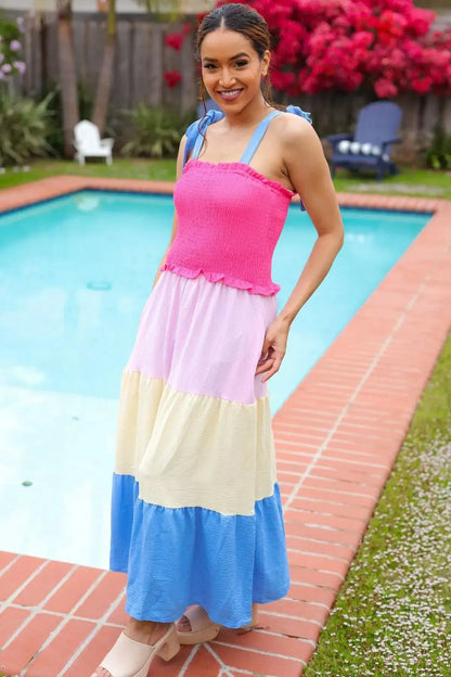 Vacay Vibes Hot Pink & Blue Smocked Color Block Maxi Dress-2024 Blow-Out Sale-Evelyns Fashion