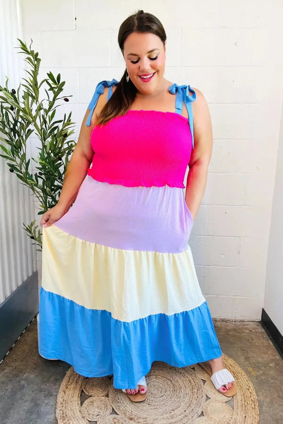 Vacay Vibes Hot Pink & Blue Smocked Color Block Maxi Dress-2024 Blow-Out Sale-Evelyns Fashion