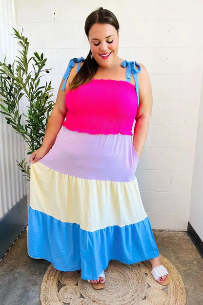 Vacay Vibes Hot Pink & Blue Smocked Color Block Maxi Dress-2024 Blow-Out Sale-Evelyns Fashion