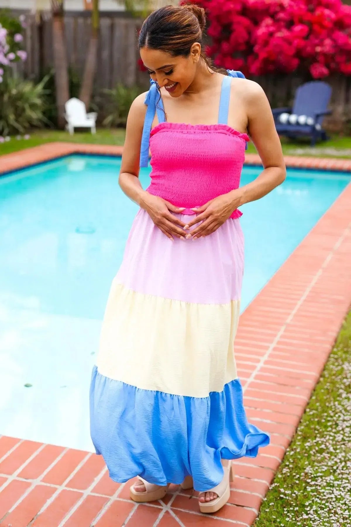 Vacay Vibes Hot Pink & Blue Smocked Color Block Maxi Dress-2024 Blow-Out Sale-Evelyns Fashion