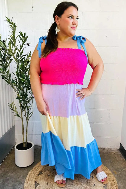 Vacay Vibes Hot Pink & Blue Smocked Color Block Maxi Dress-2024 Blow-Out Sale-Evelyns Fashion