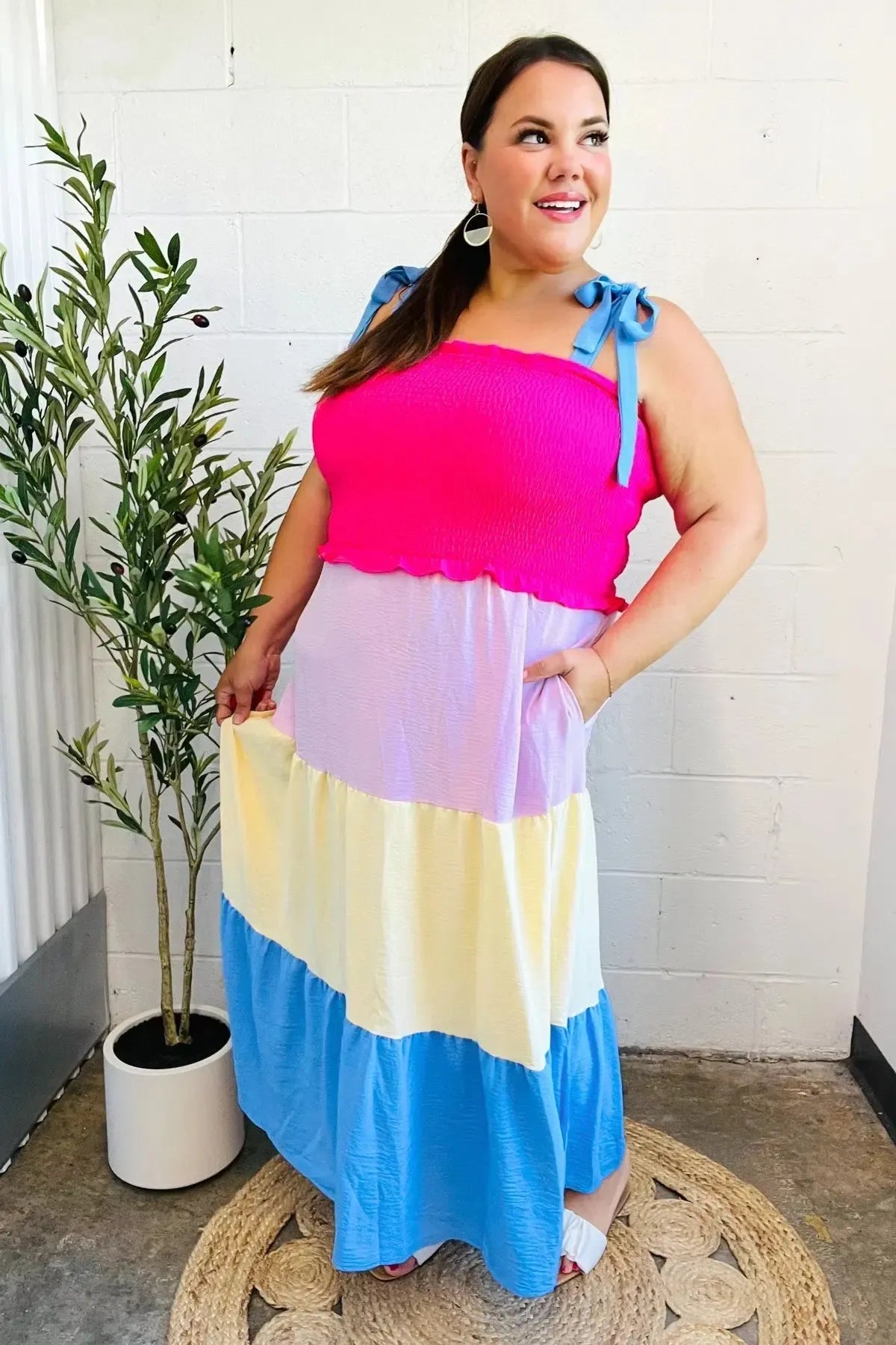 Vacay Vibes Hot Pink & Blue Smocked Color Block Maxi Dress-2024 Blow-Out Sale-Evelyns Fashion