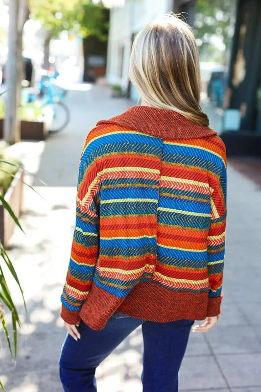 Vibrant Comfort: Casual Living Rust & Teal Striped Knit Top-2024 Blow-Out Sale-Evelyns Fashion