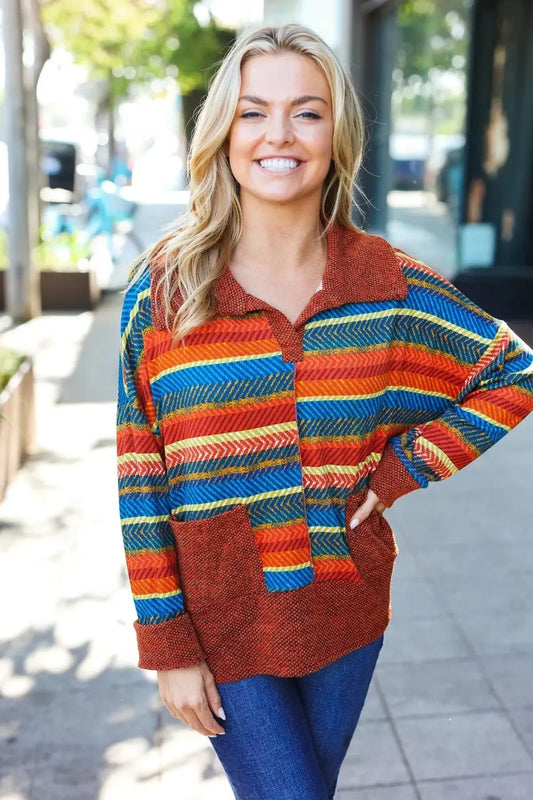 Vibrant Comfort: Casual Living Rust & Teal Striped Knit Top-2024 Blow-Out Sale-Evelyns Fashion