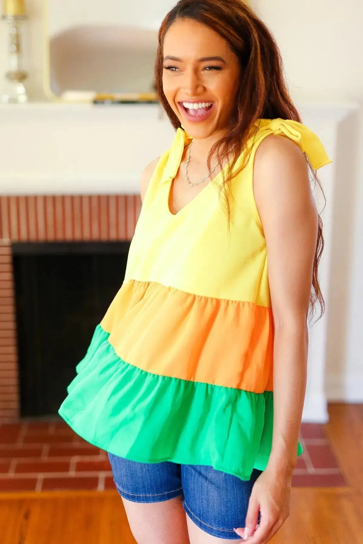 Vibrant Yellow & Tangerine Crepe Top for Every Occasion-2024 Blow-Out Sale-Evelyns Fashion