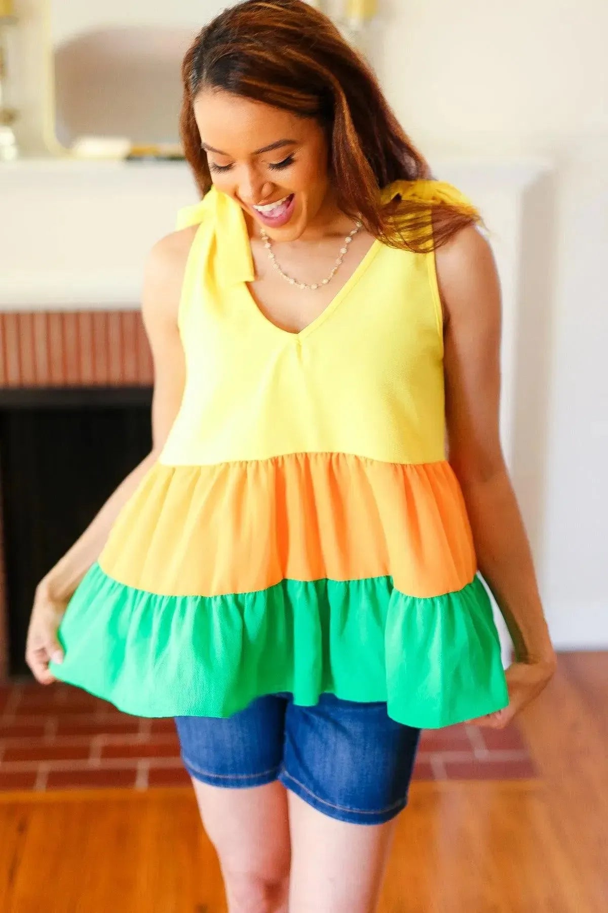 Vibrant Yellow & Tangerine Crepe Top for Every Occasion-2024 Blow-Out Sale-Evelyns Fashion