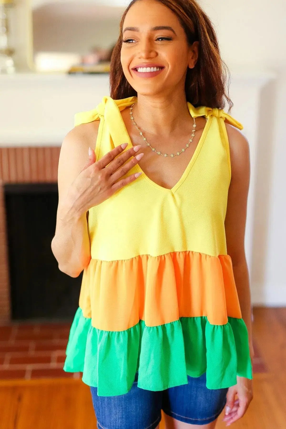 Vibrant Yellow & Tangerine Crepe Top for Every Occasion-2024 Blow-Out Sale-Evelyns Fashion