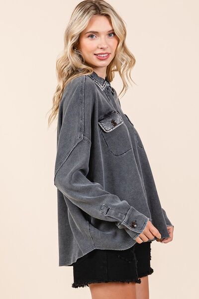 Waffle Knit Collared Neck Henley Top-OUTERWEAR-Evelyns Fashion