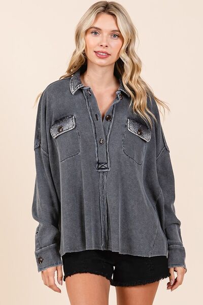 Waffle Knit Collared Neck Henley Top-OUTERWEAR-Evelyns Fashion