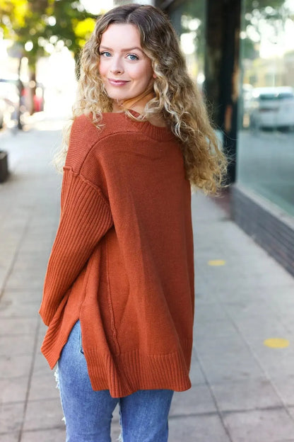 Warm & Chic: Rust V-Neck Rib Knit Sweater-2024 Blow-Out Sale-Evelyns Fashion