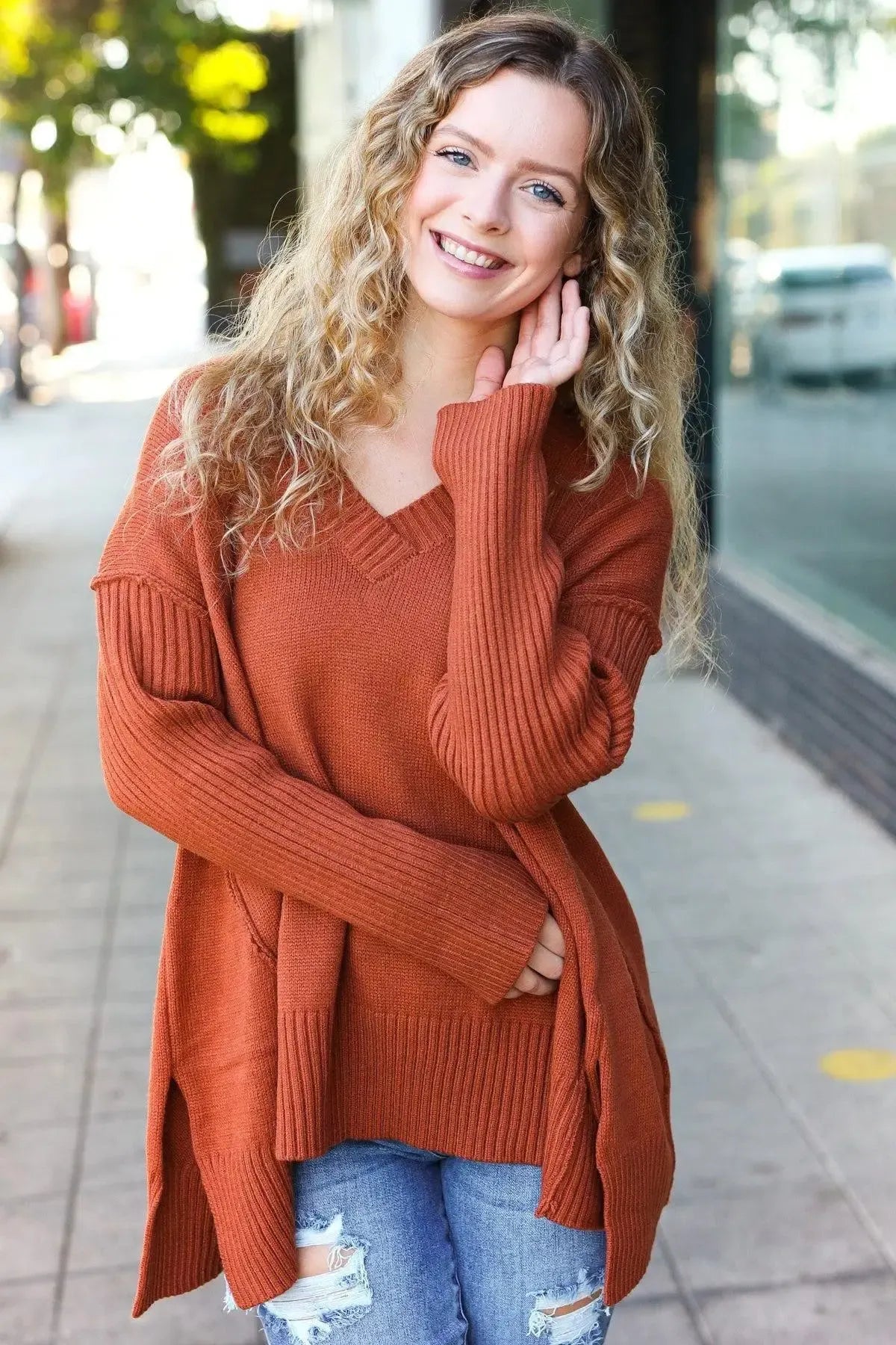 Warm & Chic: Rust V-Neck Rib Knit Sweater-2024 Blow-Out Sale-Evelyns Fashion