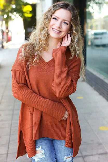 Warm & Chic: Rust V-Neck Rib Knit Sweater-2024 Blow-Out Sale-Evelyns Fashion