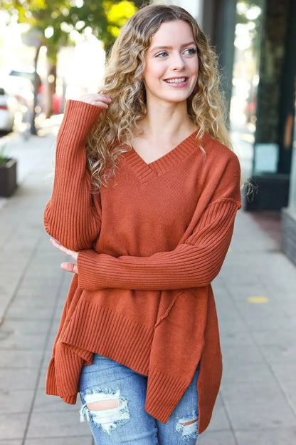 Warm & Chic: Rust V-Neck Rib Knit Sweater-2024 Blow-Out Sale-Evelyns Fashion
