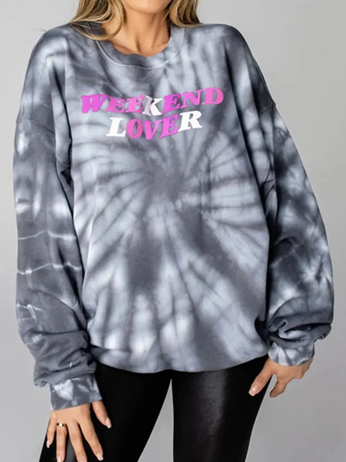 Weekend Vibes: WEEKEND LOVER Graphic Tie-Dye Sweatshirt-Sweat Shirts and Hoodies-Evelyns Fashion