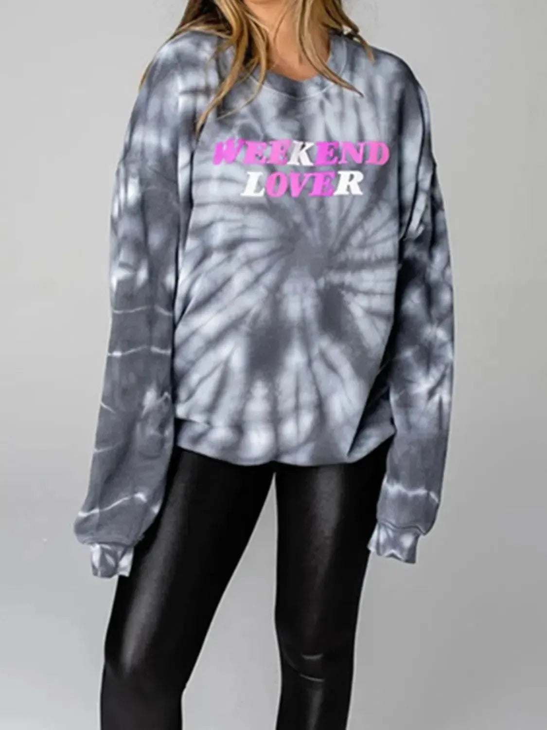 Weekend Vibes: WEEKEND LOVER Graphic Tie-Dye Sweatshirt-Sweat Shirts and Hoodies-Evelyns Fashion