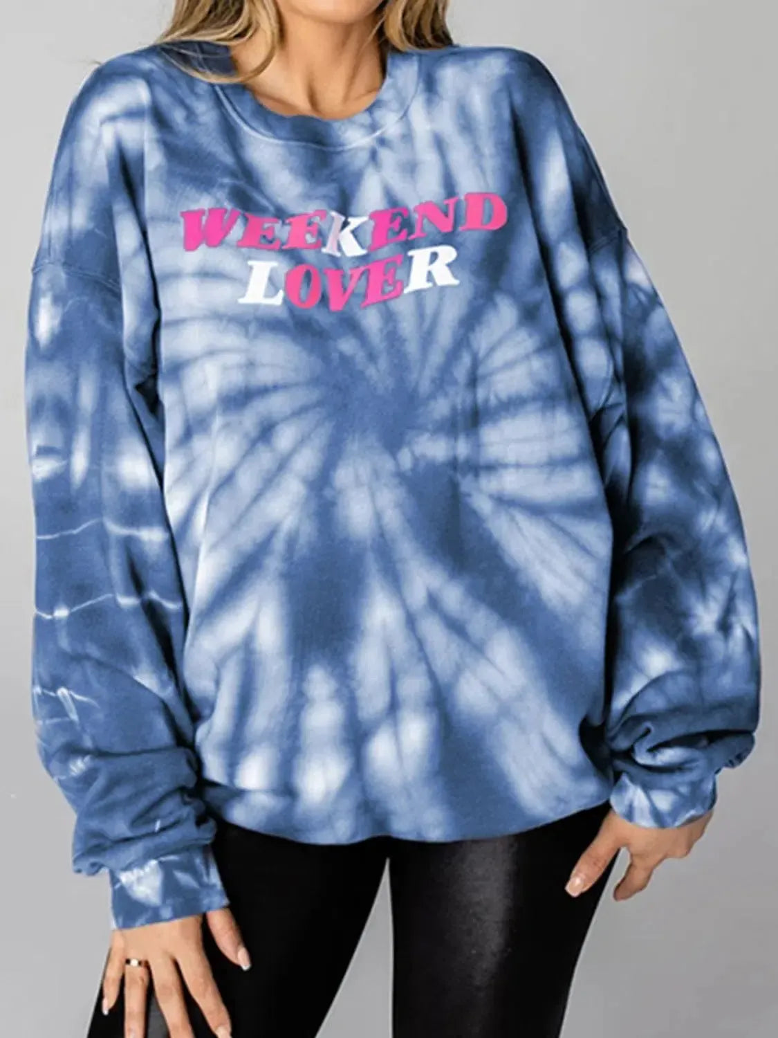 Weekend Vibes: WEEKEND LOVER Graphic Tie-Dye Sweatshirt-Sweat Shirts and Hoodies-Evelyns Fashion