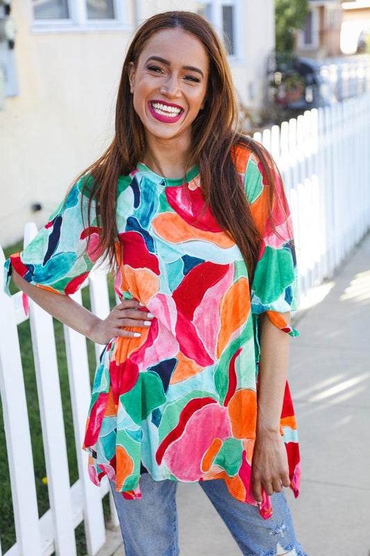Women's Abstract Print Tunic Blouse-Short Sleeve Blouse-Evelyns Fashion