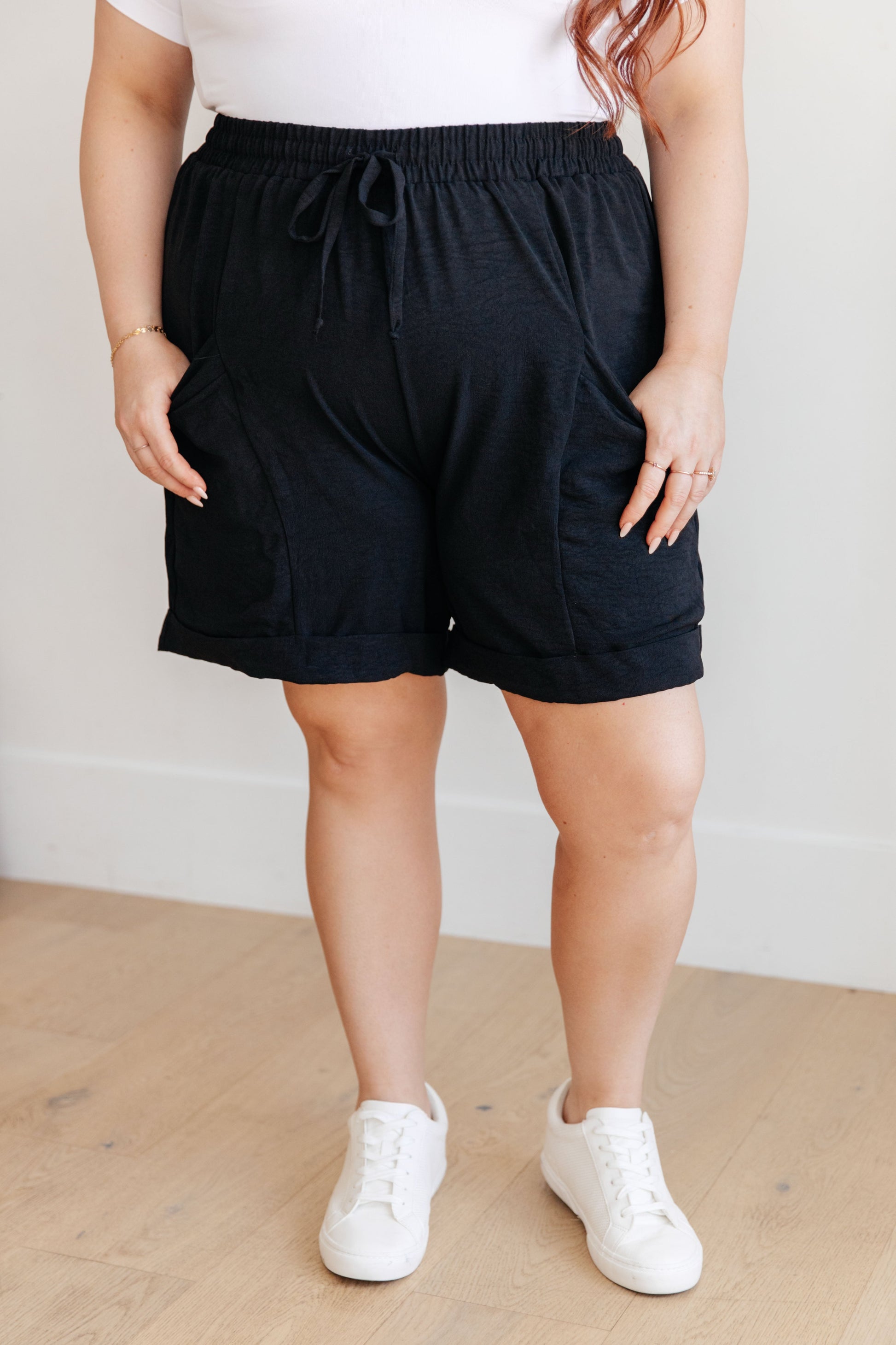 Women's Black Drawstring Shorts-Shorts-Evelyns Fashion