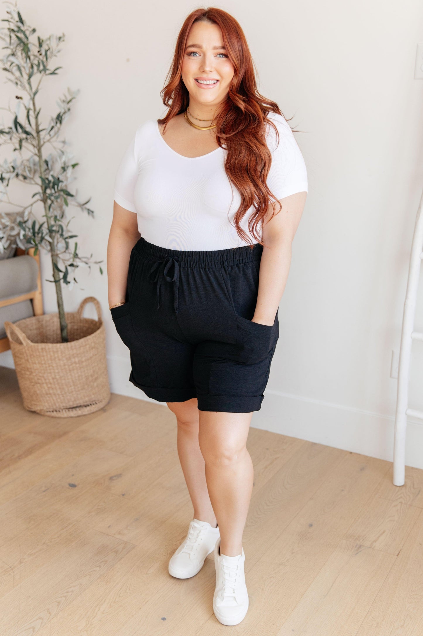 Women's Black Drawstring Shorts-Shorts-Evelyns Fashion