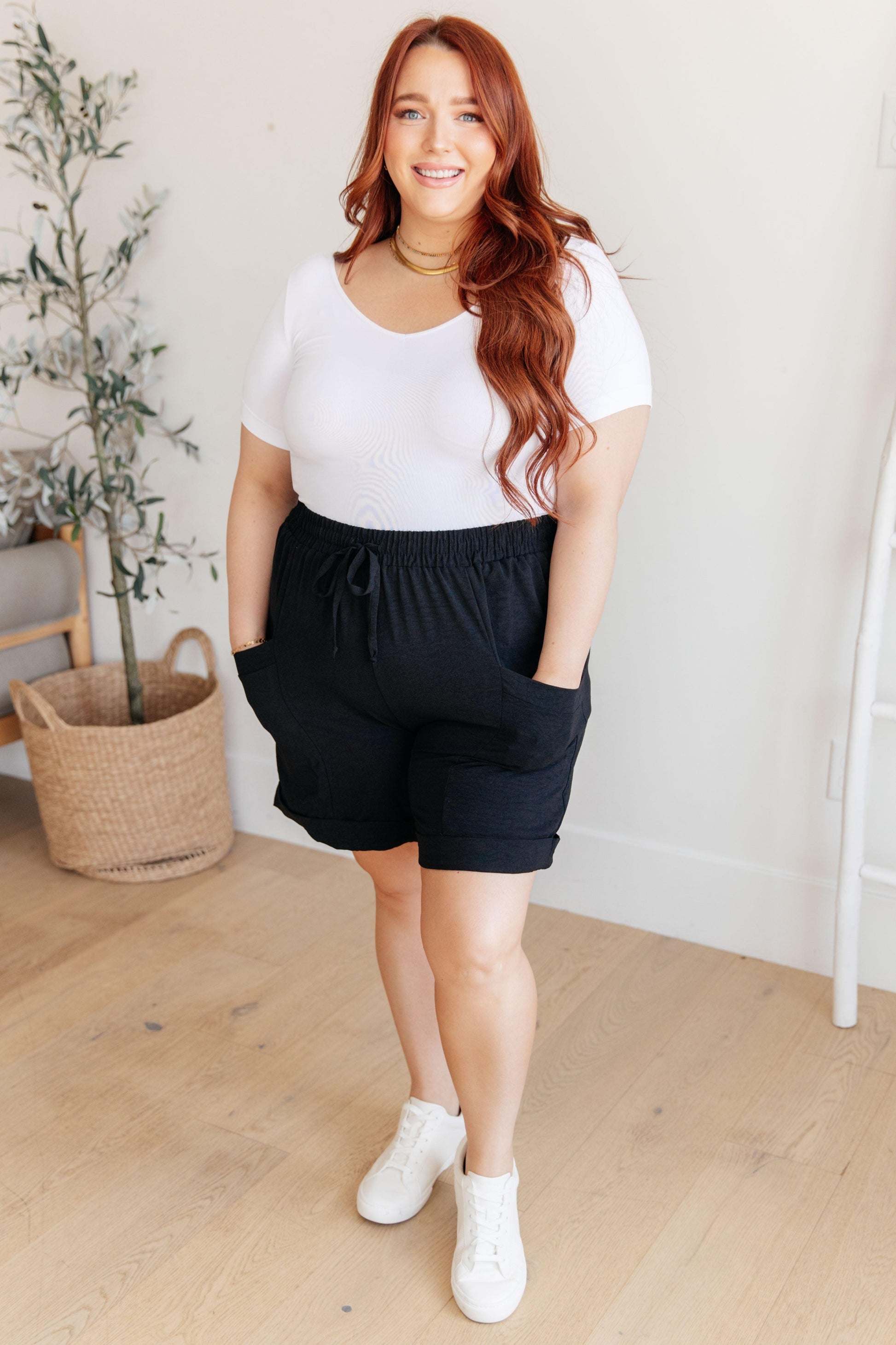 Women's Black Drawstring Shorts-Shorts-Evelyns Fashion