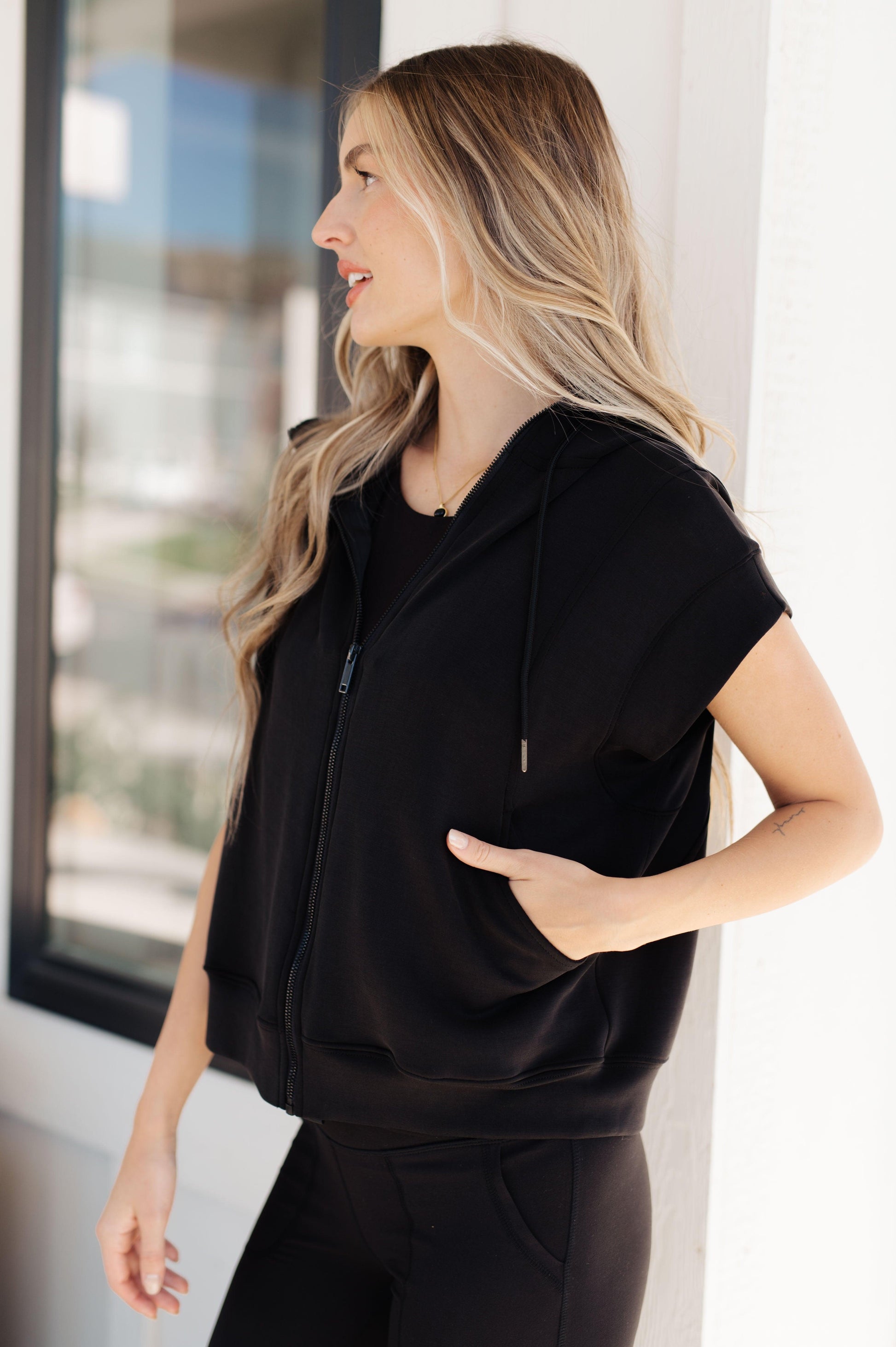 Women's Black Sleeveless Hoodie-Sweat Shirts and Hoodies-Evelyns Fashion