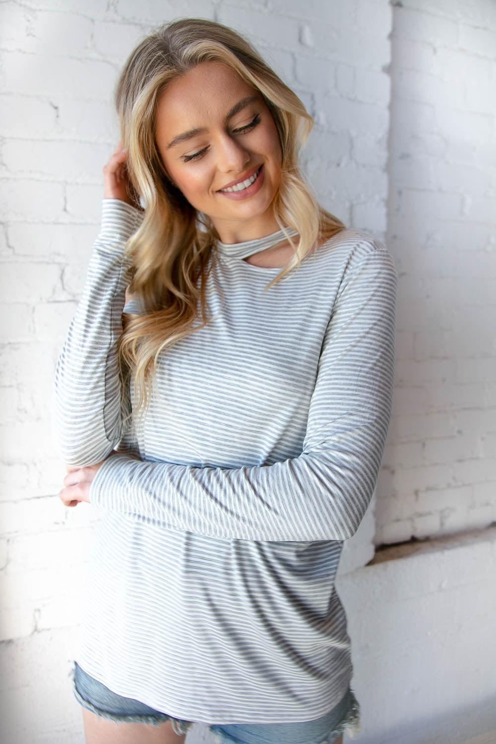 Women's Grey Stripe Knit Blouse-Long Sleeve Blouse-Evelyns Fashion