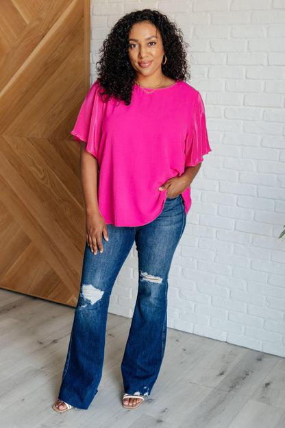 Women's Pink Ruffle Short Sleeve Blouse-Tops-Evelyns Fashion